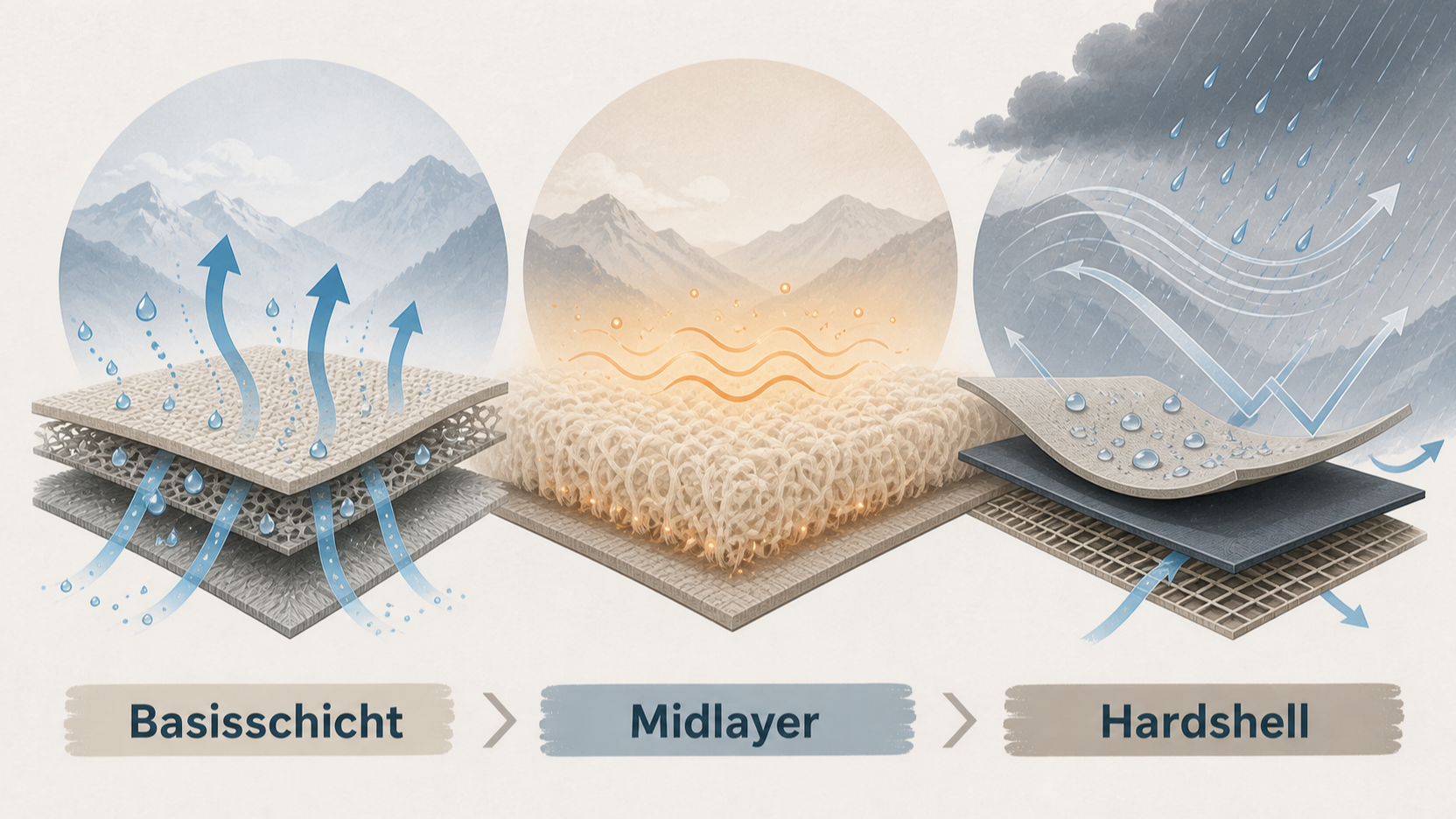 Redaktionelle Illustration zu Outdoor-Bekleidung richtig auswählen: Aktivität, Wetter, Schichten, Material und Pflegebedarf