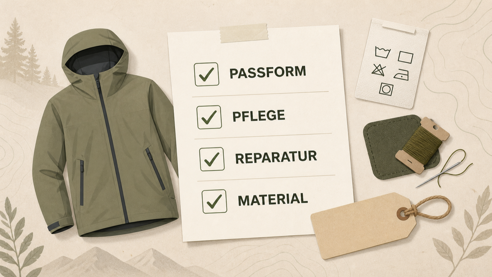 Redaktionelle Illustration zu Outdoor-Bekleidungsangebote prüfen: Preis, Einsatzwert, Material, Pflege und Reparierbarkeit