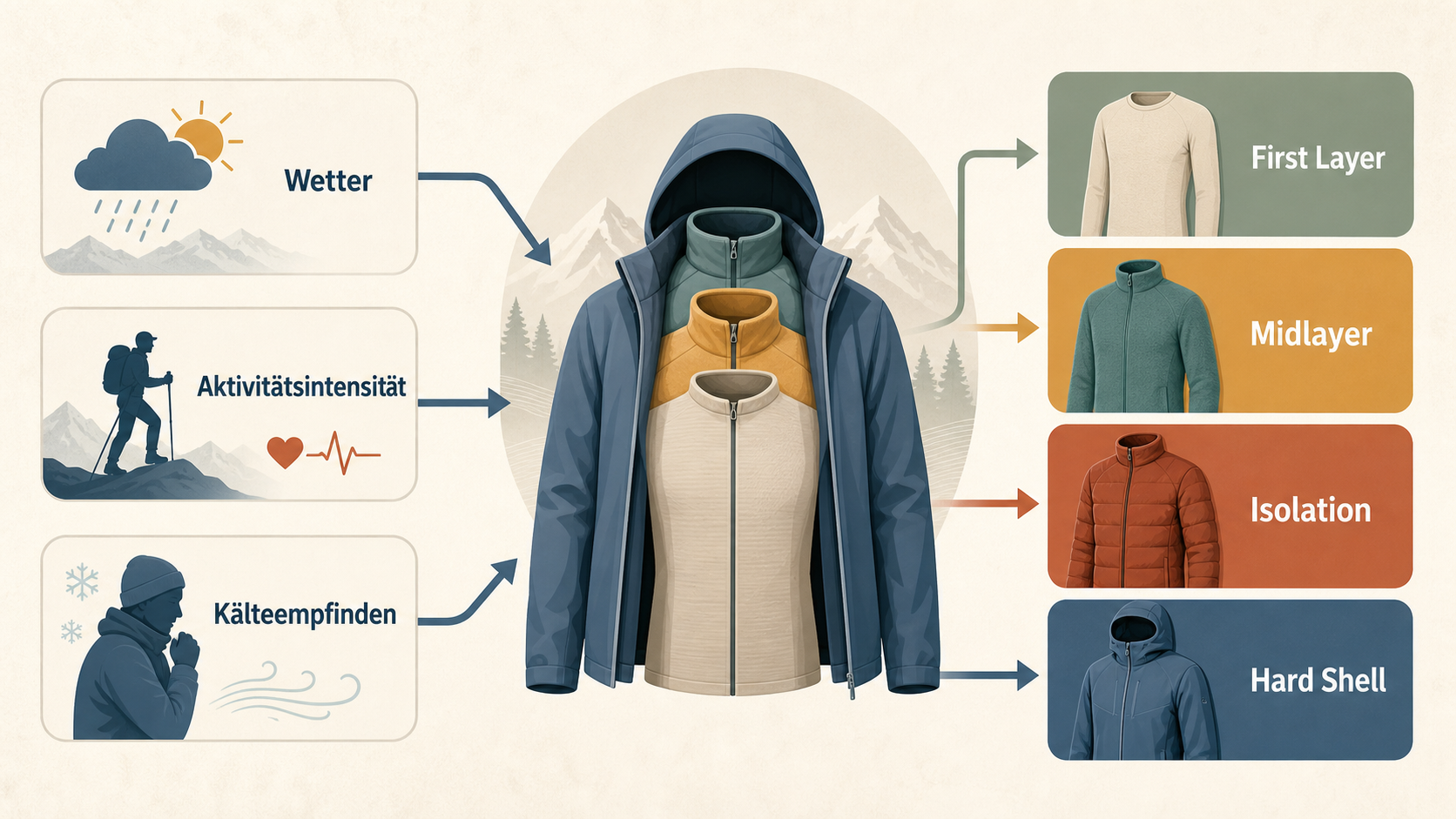 Redaktionelle Illustration zu Patagonia oder Mammut: Outdoor-Bekleidung nach Schichtsystem, Einsatzprofil und Grenzen vergleichen