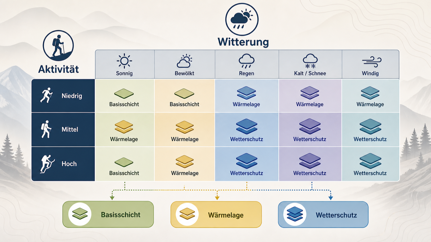 Redaktionelle Illustration zu Passform und Schichtsystem bei Outdoor-Bekleidung: Bewegungsfreiheit, Klima und Wetterschutz abstimmen